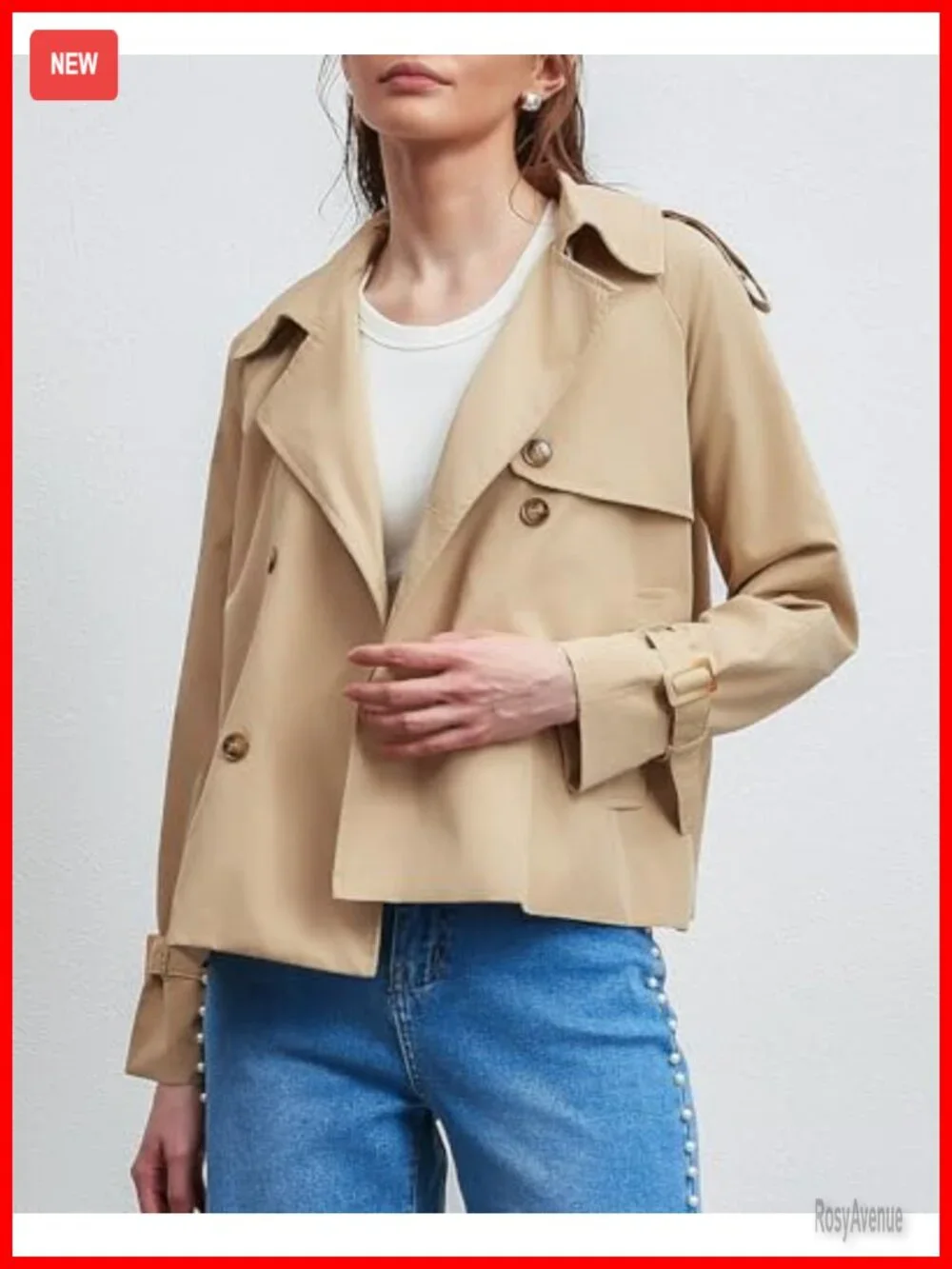 Cropped Trench Coat Double Breasted Notched Lapel Belted Cuffs